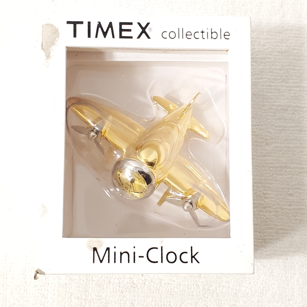 Vintage Timex Collectible Mini Desk Clock Gold Silver Tone Airplane S Steel New